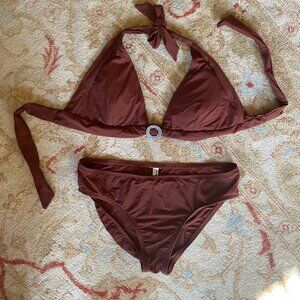 Perry Ellis 2 pc Womens Swimsuit. Tie halter top, high cut bottoms. Sz 10. Brown